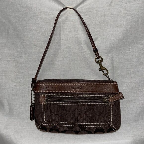 Coach Brown Signature Canvas Leather Trimmed Wristlet Small Purse - Picture 9 of 13